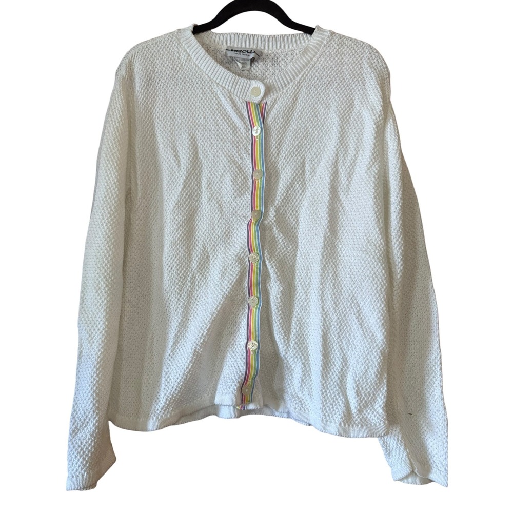 Misolli White Knit Cardigan Rainbow Stripe Button Down Sweater M waffle knit